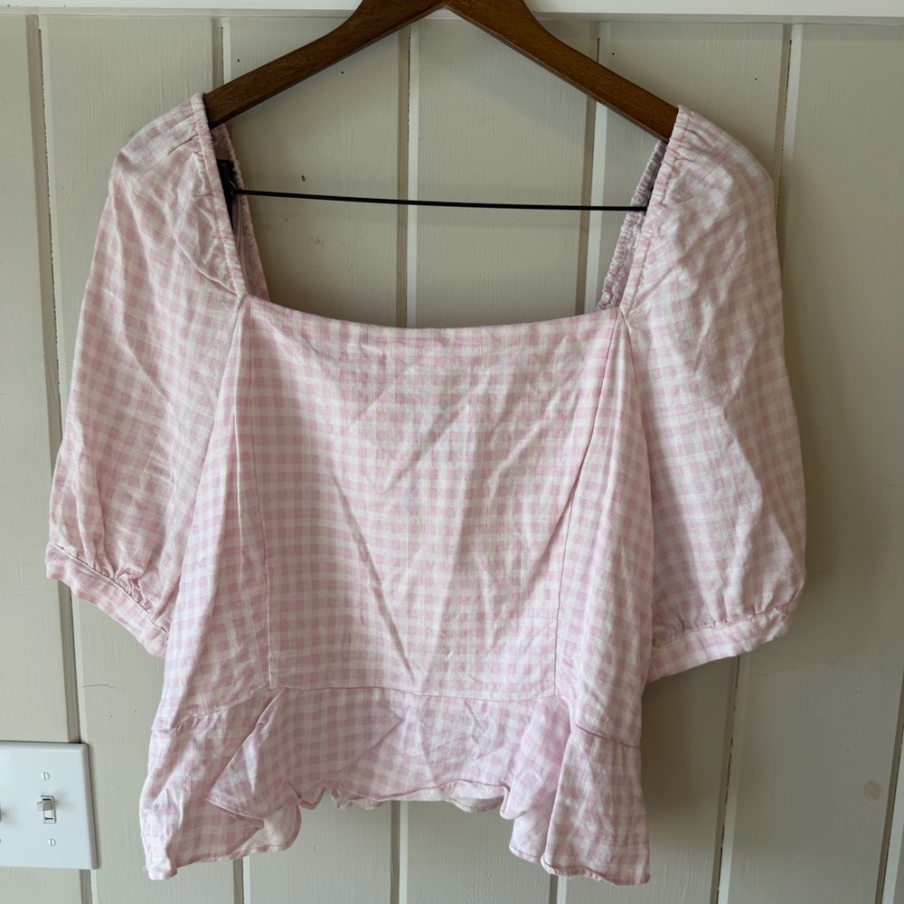 Draper James Pink Gingham Square-Neck Peplum Blouse, Size XL, Like New - Picture 2 of 7